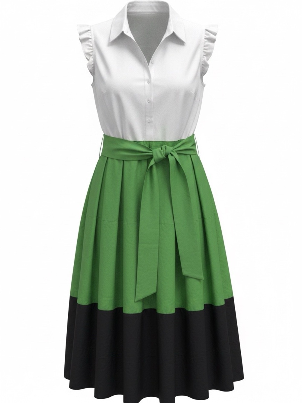 Green and Black Colorblock Midi Dress with White Bodice